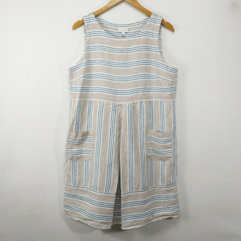 J Jill Dress Large 100% Linen Blue Brown White Pocket Shift Short Sleeve Striped